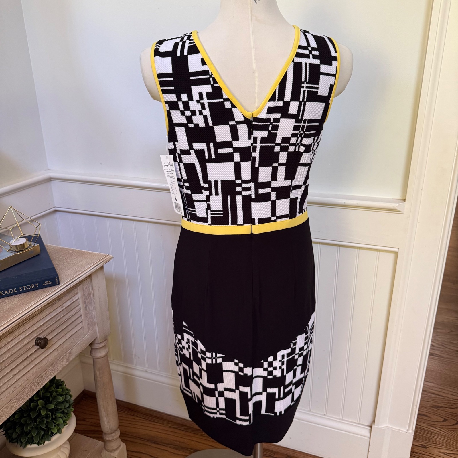Nwt Joseph Ribkoff Womens Black White Yellow Geometric Sheath Dress Size 8